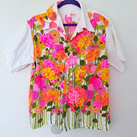 VTG Pomare Tahiti White Floral Hawaiian Shirt Short Sleeve Unisex Button Down L - Picture 1 of 6
